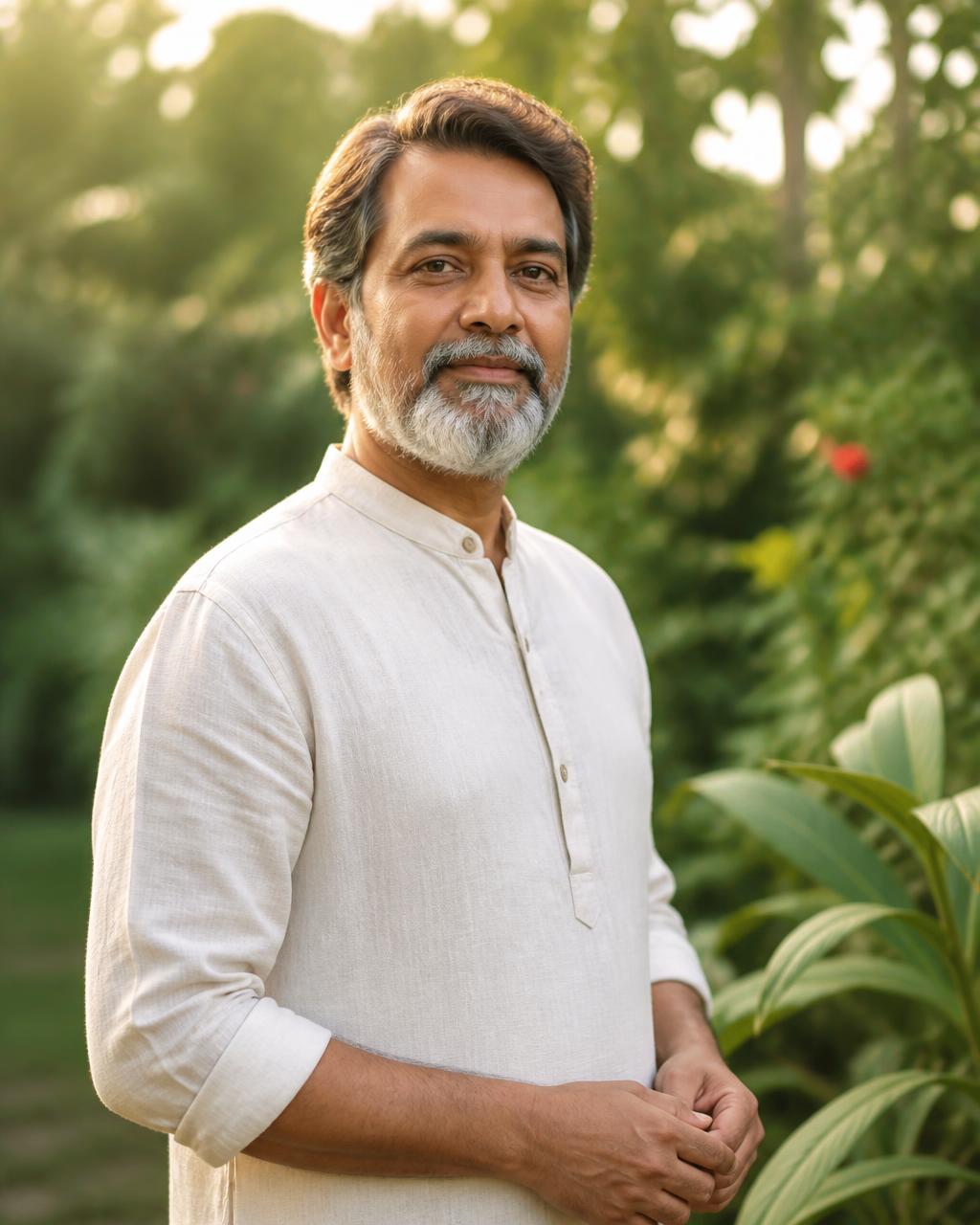 Dr. Binushankar, Natural Healing Coach, standing outdoors in warm morning light