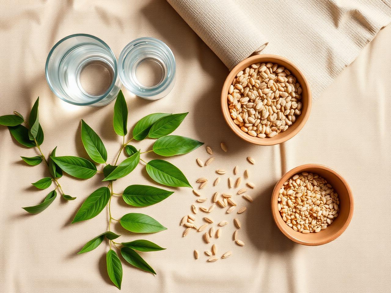 Water, fresh green leaves and whole grains arranged on natural linen